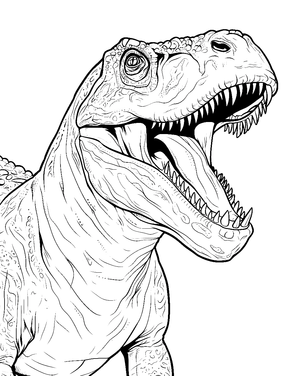 Realistic T Rex Coloring Page - A lifelike T-Rex with detailed scales and muscles.