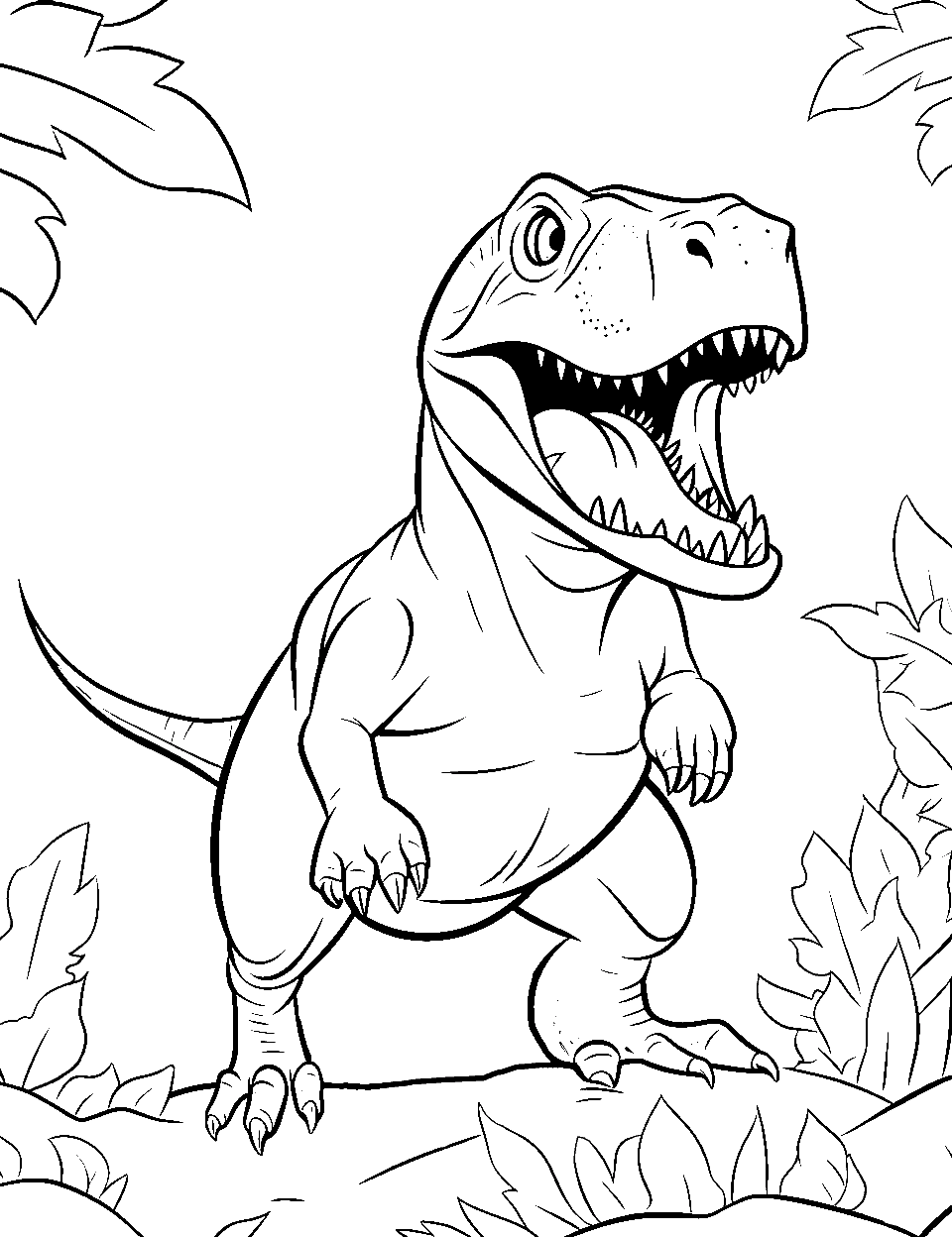 Autumn T Rex T-rex Coloring Page - A T-Rex in an autumn setting.