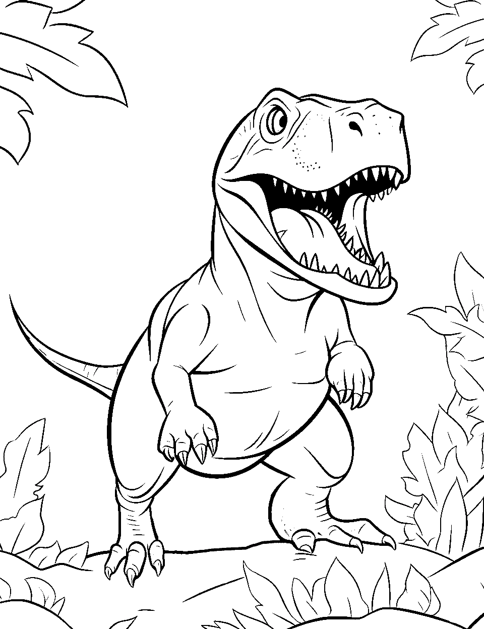 Autumn T Rex Coloring Page - A T-Rex in an autumn setting.