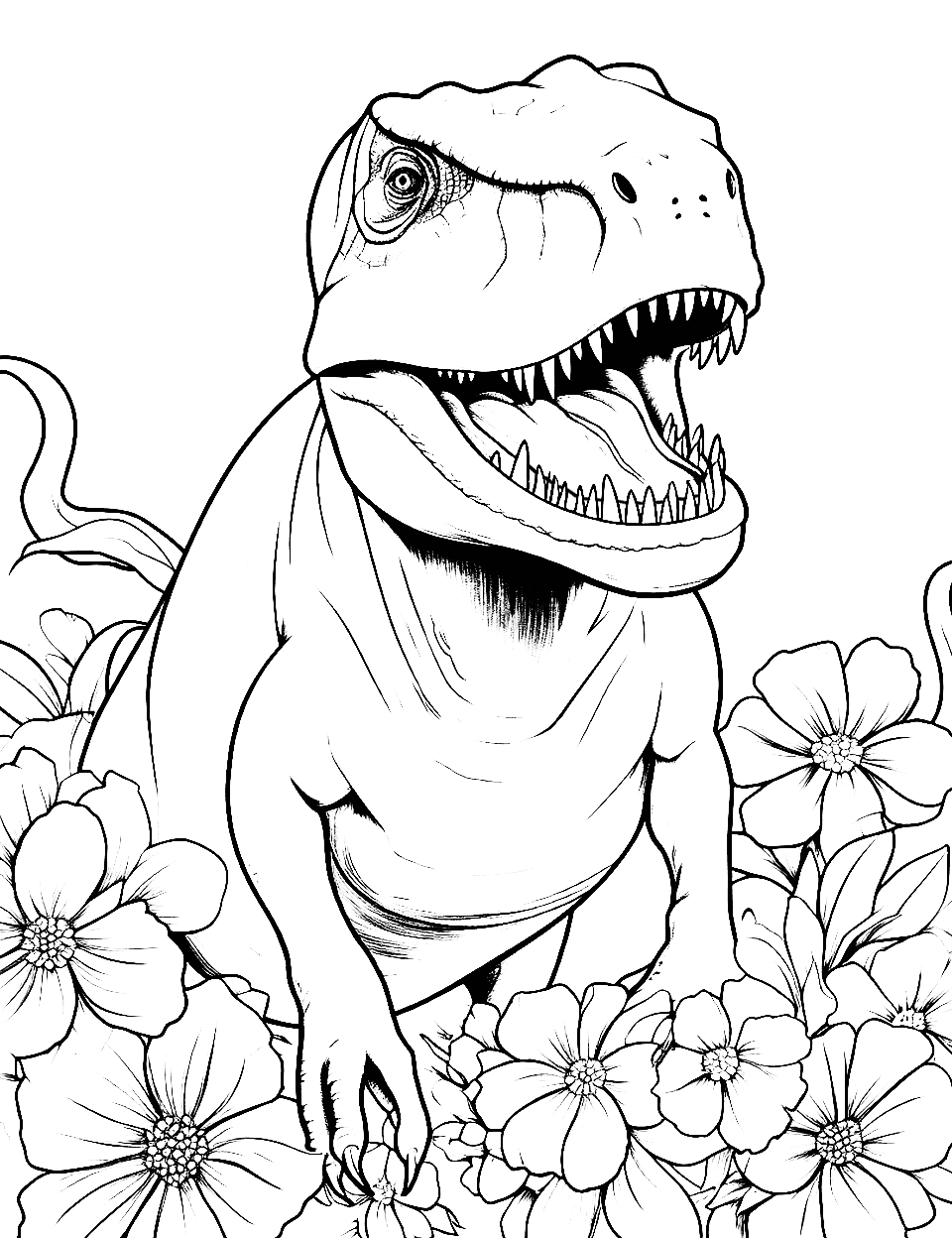 Spring Bloom T Rex Coloring Page - A T-Rex surrounded by blooming flowers.