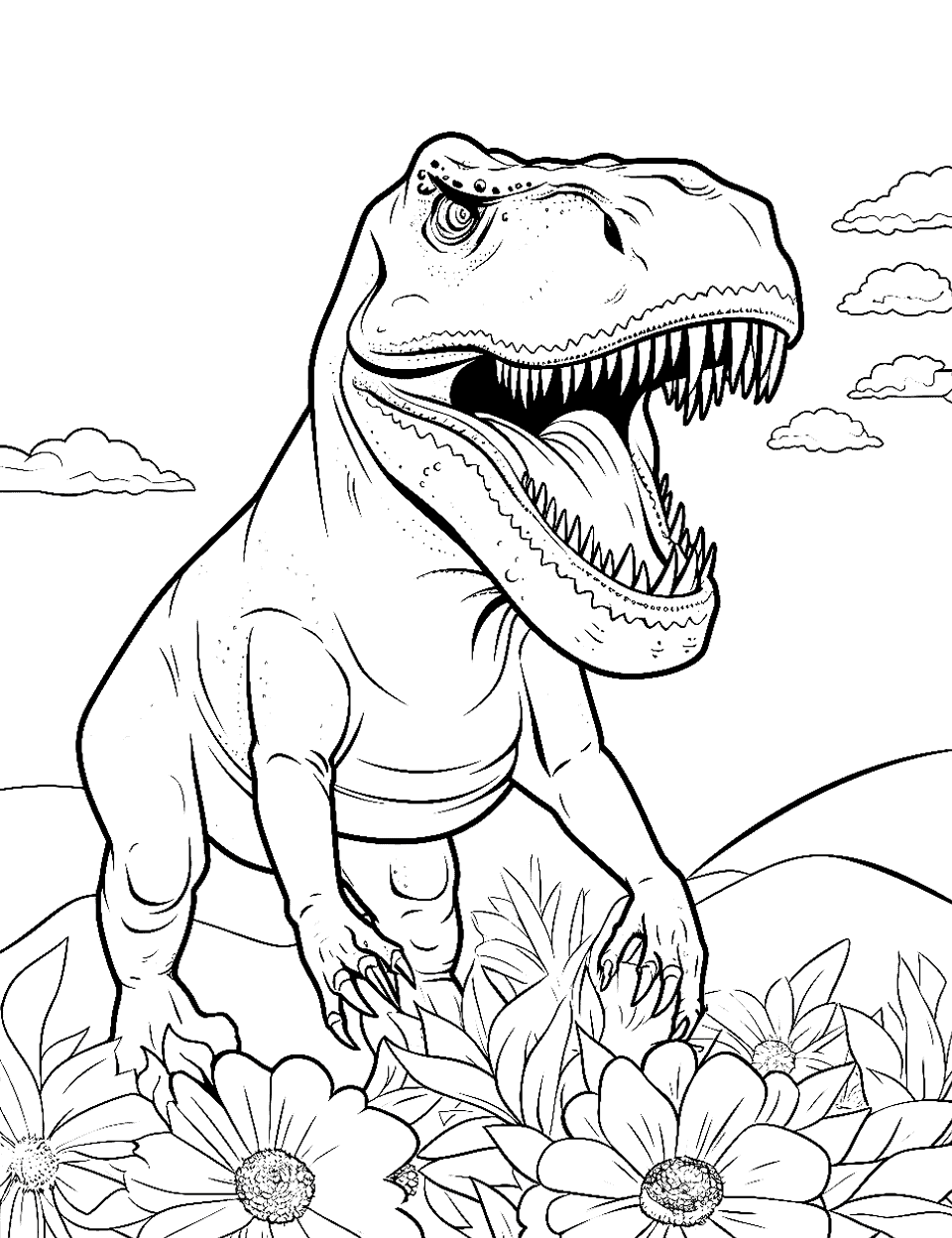 T Rex and Sunflower T-rex Coloring Page - A T-Rex in a snowflower field enjoying the view.