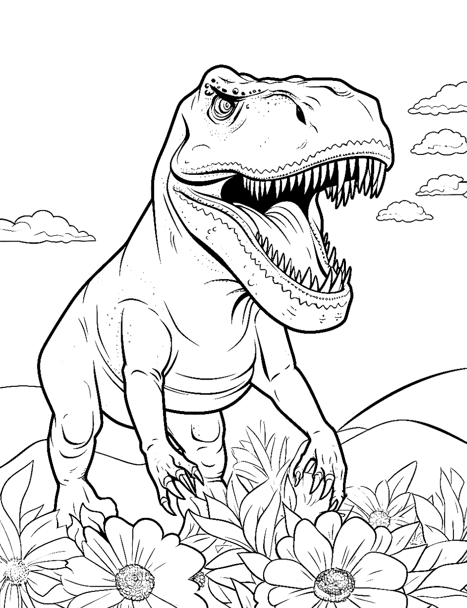 T Rex and Sunflower Coloring Page - A T-Rex in a snowflower field enjoying the view.