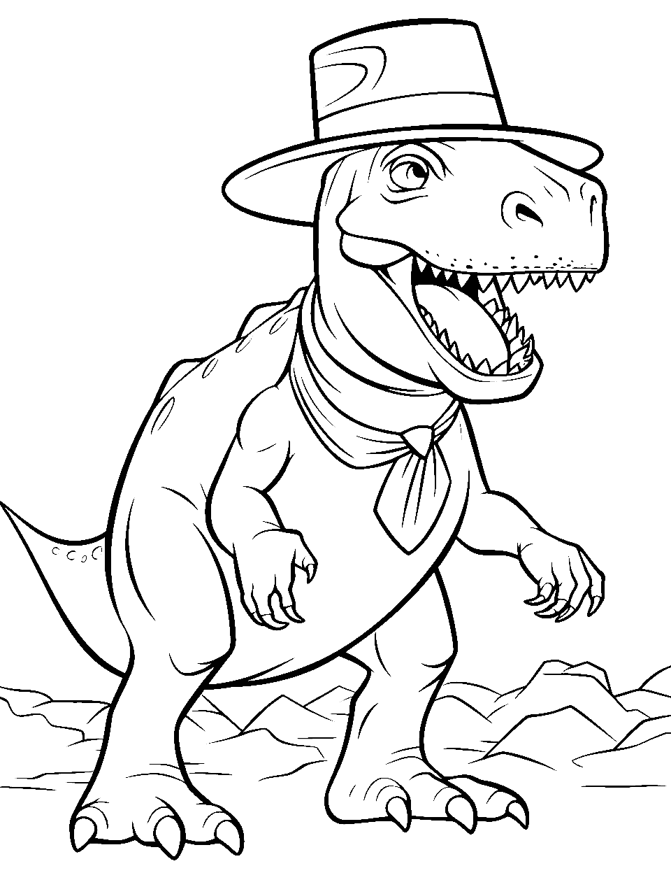 Cowboy T Rex T-rex Coloring Page - A T-Rex wearing a cowboy hat.