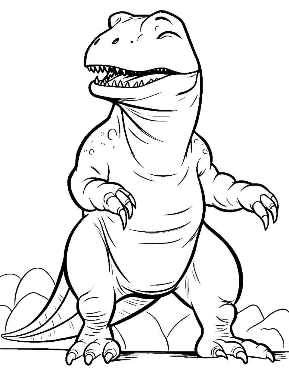 Funny T Rex T-rex Coloring Page - A happy T-Rex is standing and laughing with a big grin.