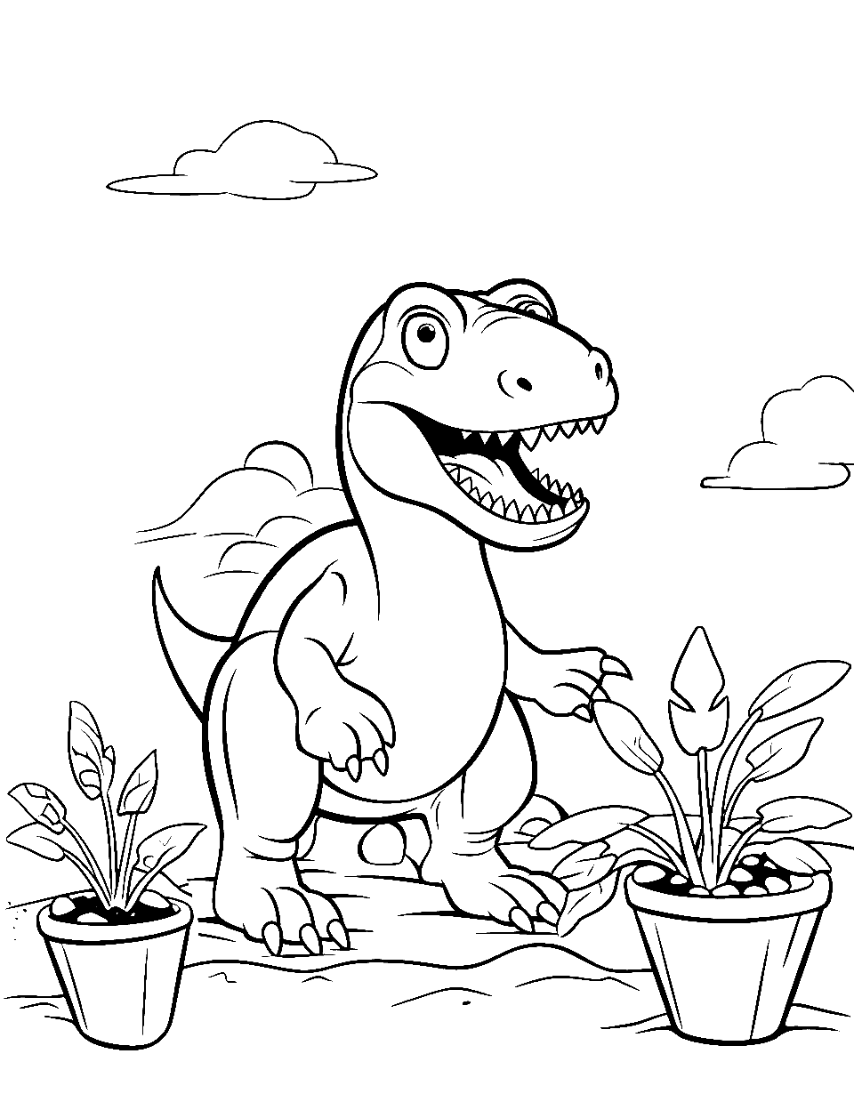 T Rex's Gardening Day Coloring Page - A small T-Rex in its little garden with potplants.