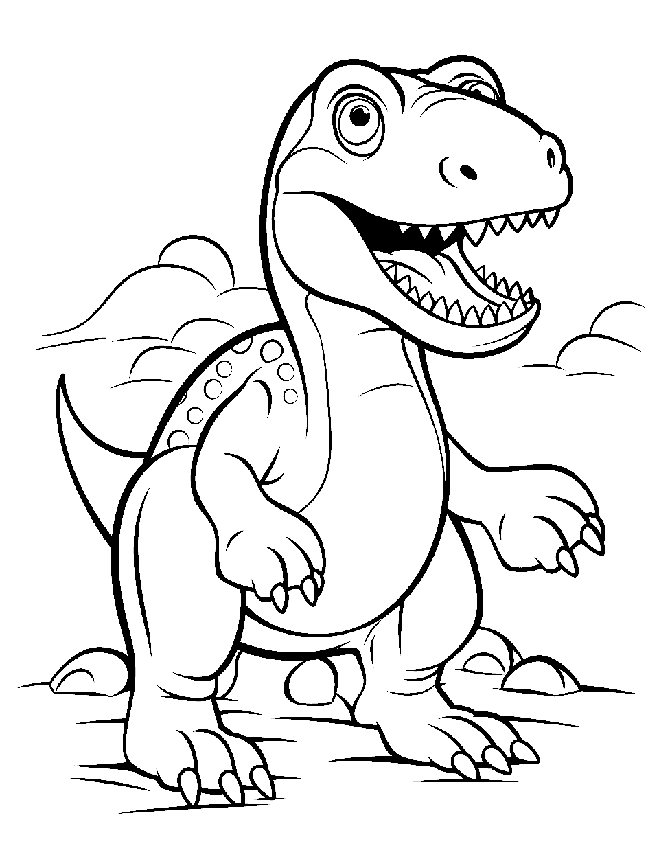 Preschool T Rex T-rex Coloring Page - A playful and cartoonish T-Rex with rounded features.