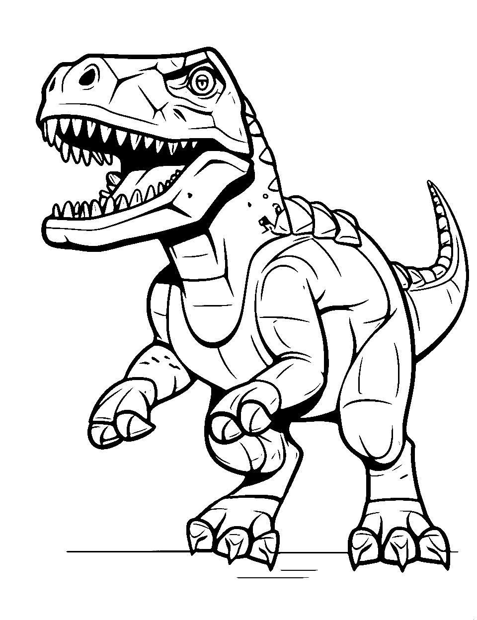 Lego T Rex Adventure Coloring Page - A blocky-style T-Rex made of Lego pieces.