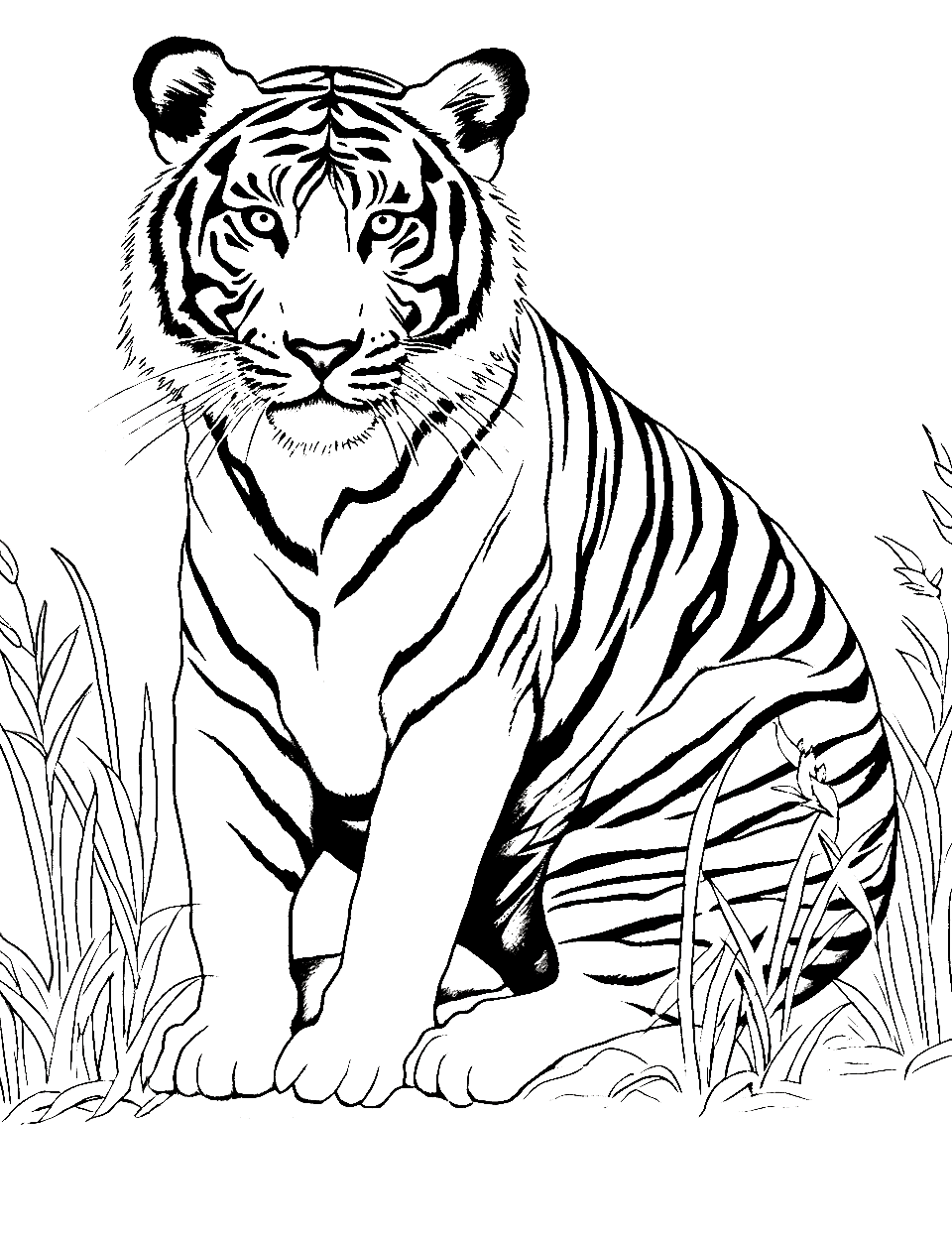 Realistic Bengal Tiger Coloring Page - A lifelike Bengal tiger calmly sitting amidst the grass.