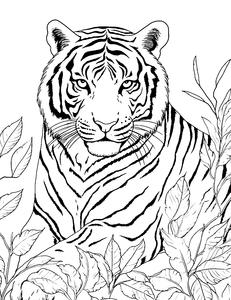 Golden Tiger Amidst Gold Coloring Page - The rare golden tiger, lying on a bed of golden leaves.