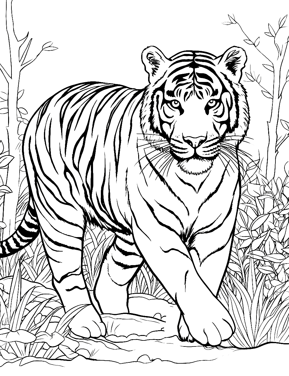 Forest Explorer Tiger Coloring Page - A tiger stealthily moving through the dense forest undergrowth.