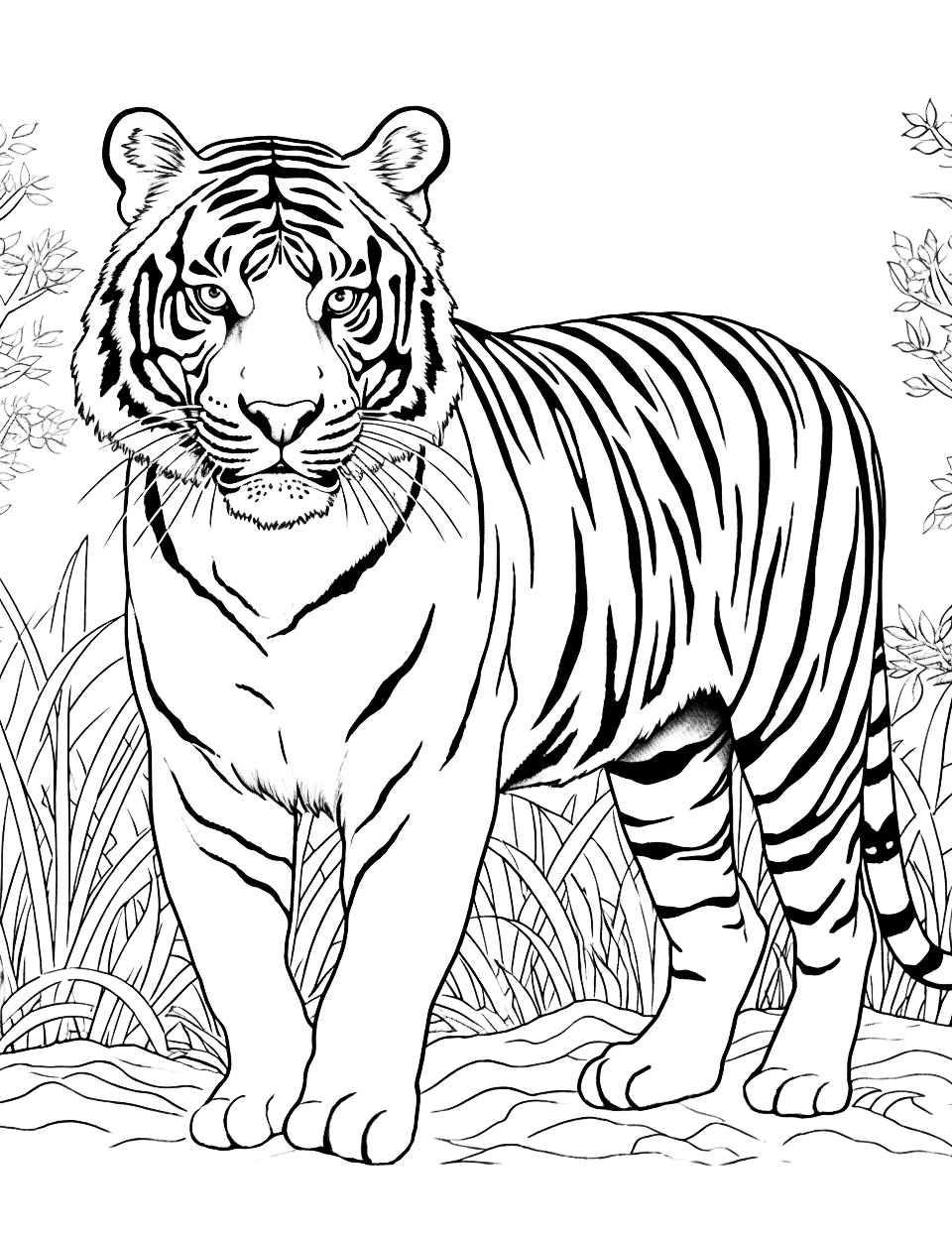 Amazon Forest Prowl Tiger Coloring Page - A tiger hunting in the heart of the Amazon, with trees and grass around.