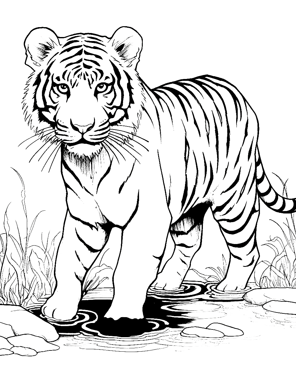 Cub's First Swim Tiger Coloring Page - A tiger cub is nervously testing the waters of a jungle stream.