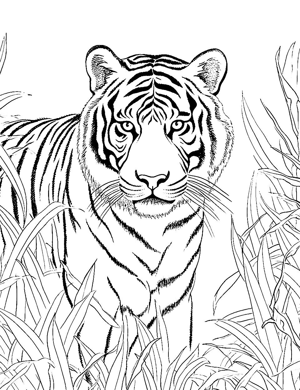 Camouflaged Stripes Tiger Coloring Page - A tiger blending seamlessly into its jungle surroundings.