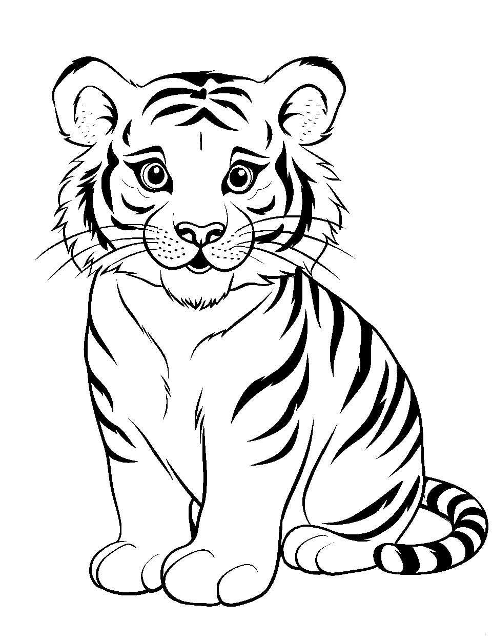 Cute Baby Tiger Coloring Page - A cartoon-style, cute small baby tiger sitting.