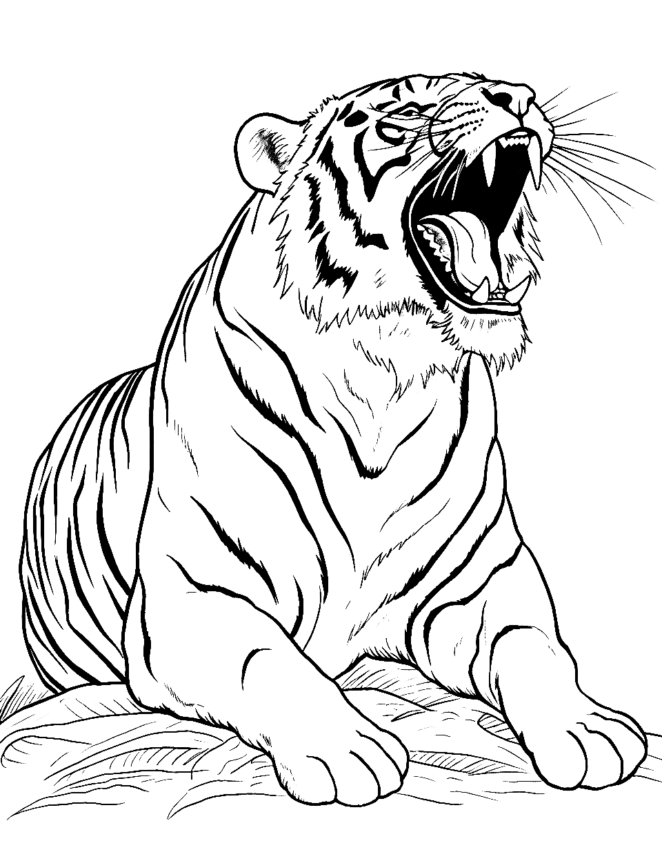 Yawning Morning Tiger Coloring Page - A tiger yawning widely as it wakes from a nap.