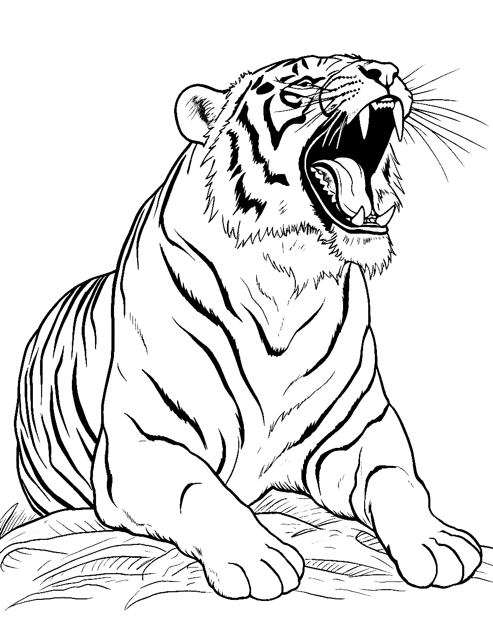 Yawning Morning Tiger Coloring Page - A tiger yawns widely as it wakes from a nap.