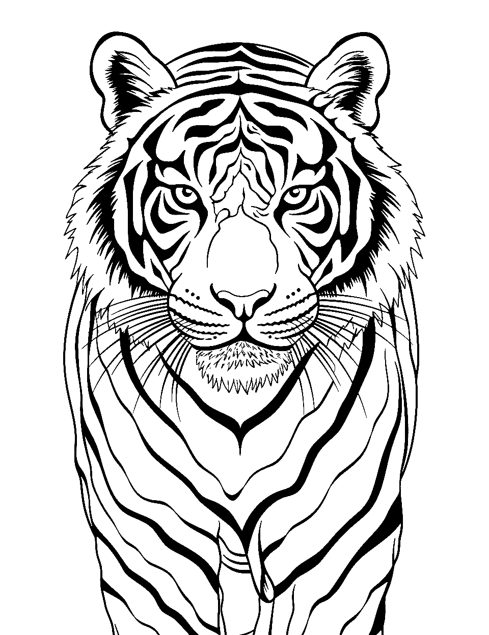 Striped Symmetry Tiger Coloring Page - A tiger is showcasing the symmetry of its stripe pattern.