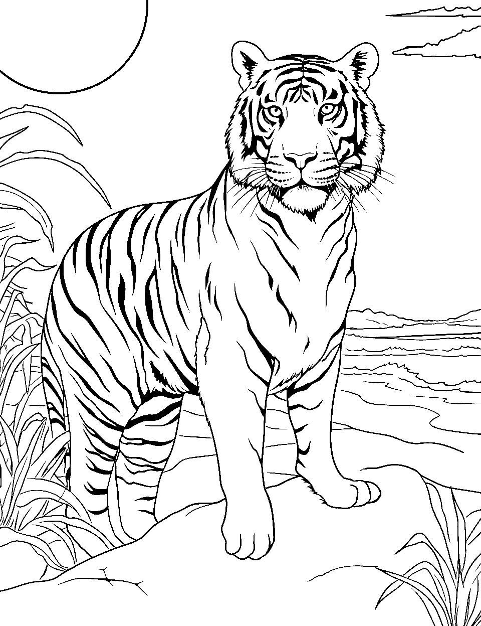 Beachside Bliss Tiger Coloring Page - A tiger enjoying itself on a sunny beach.