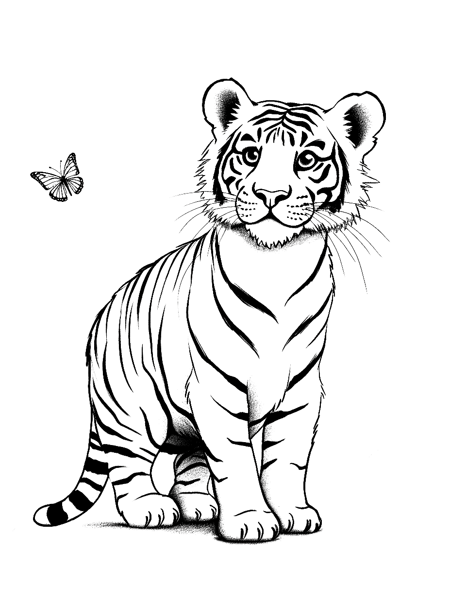 Tiger Cub Coloring Page - A tiger cub curiously looking at a butterfly.