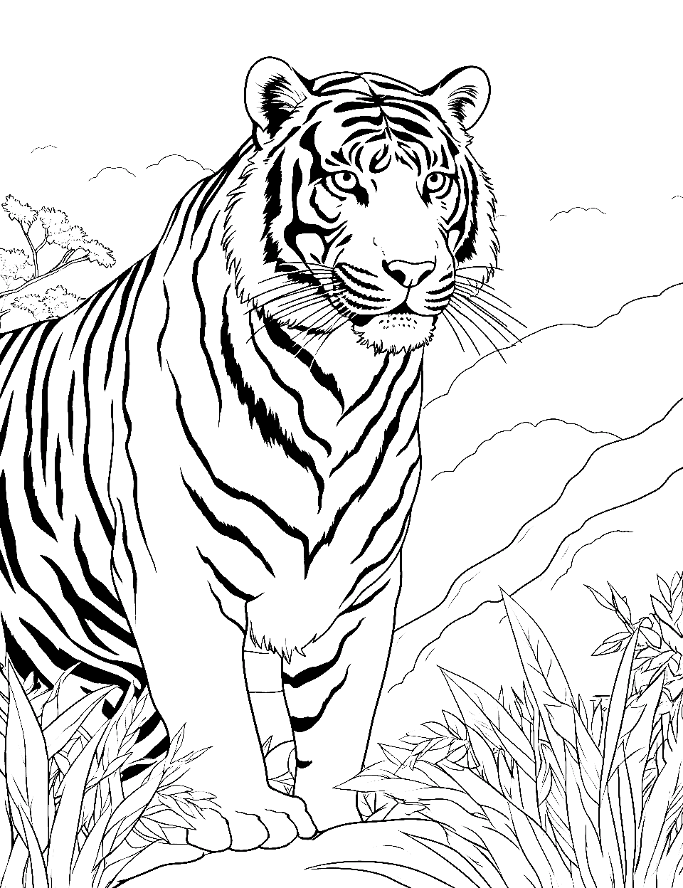 Jungle Guardian Tiger Coloring Page - A tiger watching over its jungle territory from a high vantage point.