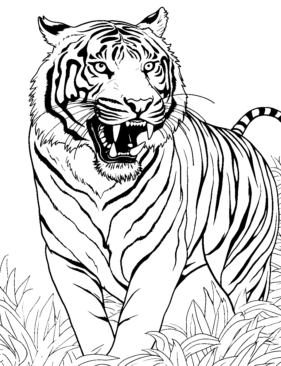 Roaring Jungle King Tiger Coloring Page - A fierce tiger roaring aloud in the midst of the jungle.