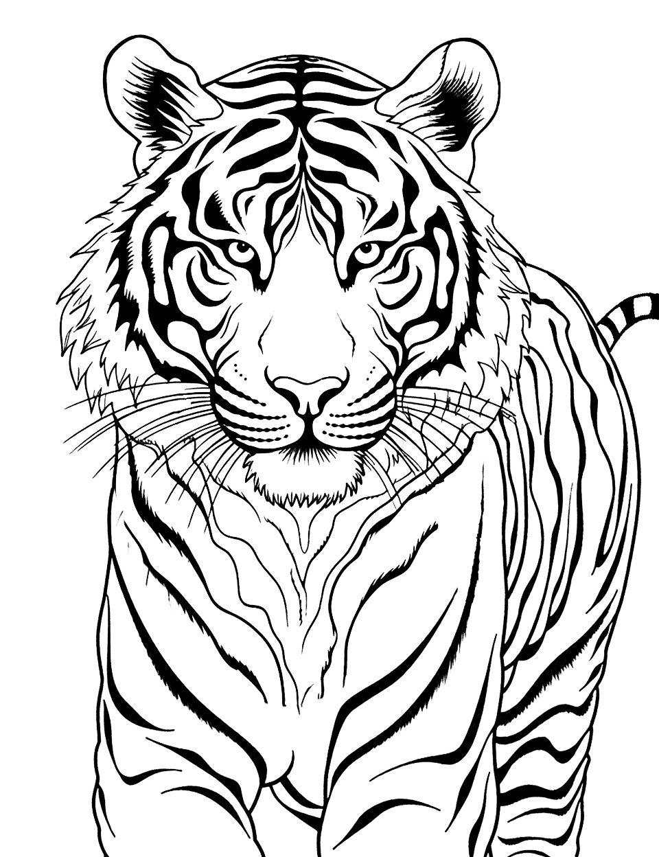 Advanced Artistic Tiger Coloring Page - An intricately patterned tiger that’s great for older kids who love detailed coloring.