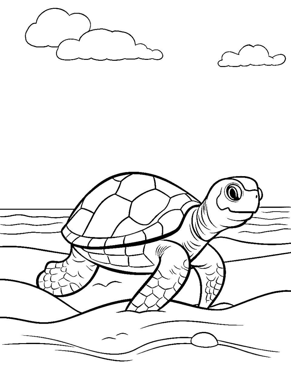 Turtle's First Step Turtle Coloring Page - A small turtle taking its first step on the sand.