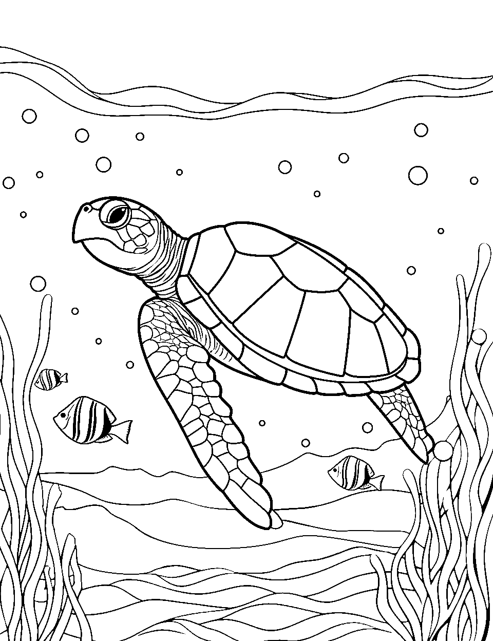 Fishy Friends Coloring Page - A turtle swimming alongside colorful fish in the ocean.