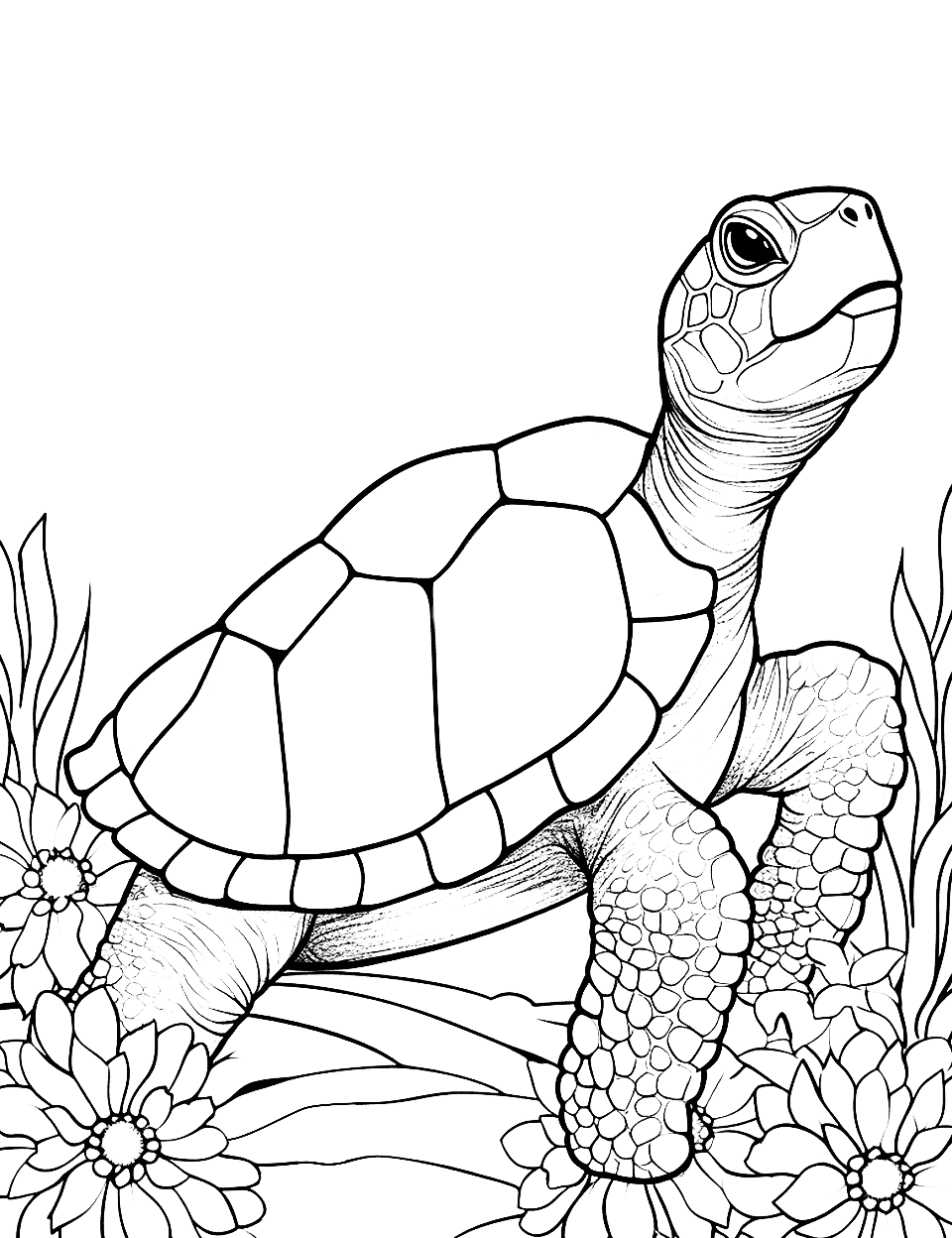 Turtle's Spring Day Coloring Page - A turtle enjoying the fresh blossoms of spring, surrounded by flowers.