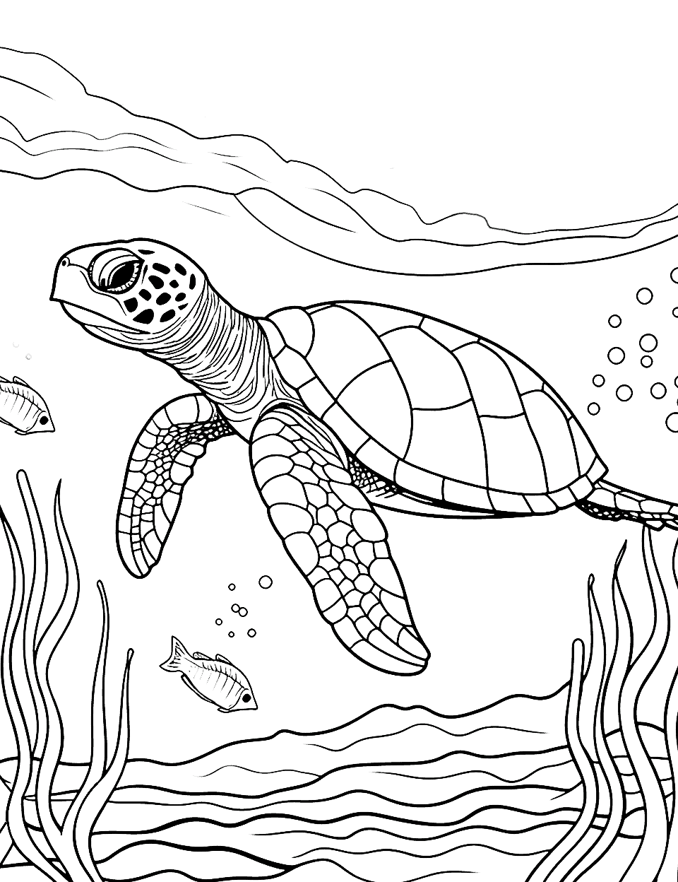 Dive into the Blue Coloring Page - An underwater scene of a turtle diving deep into the blue ocean.