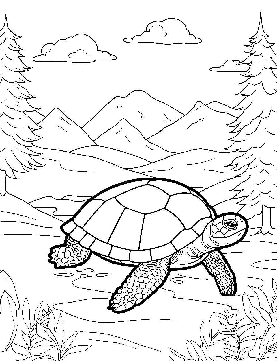 Turtle's Journey Turtle Coloring Page - A turtle journeying across a forest floor.