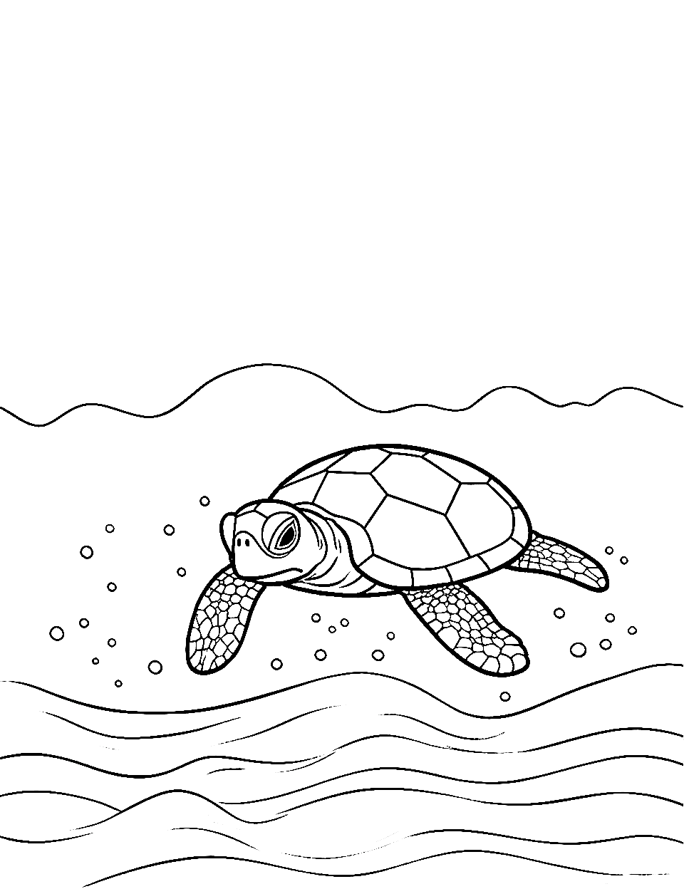 Lake's Peaceful Swimmer Turtle Coloring Page - A turtle smoothly gliding through the calm waters of a lake.