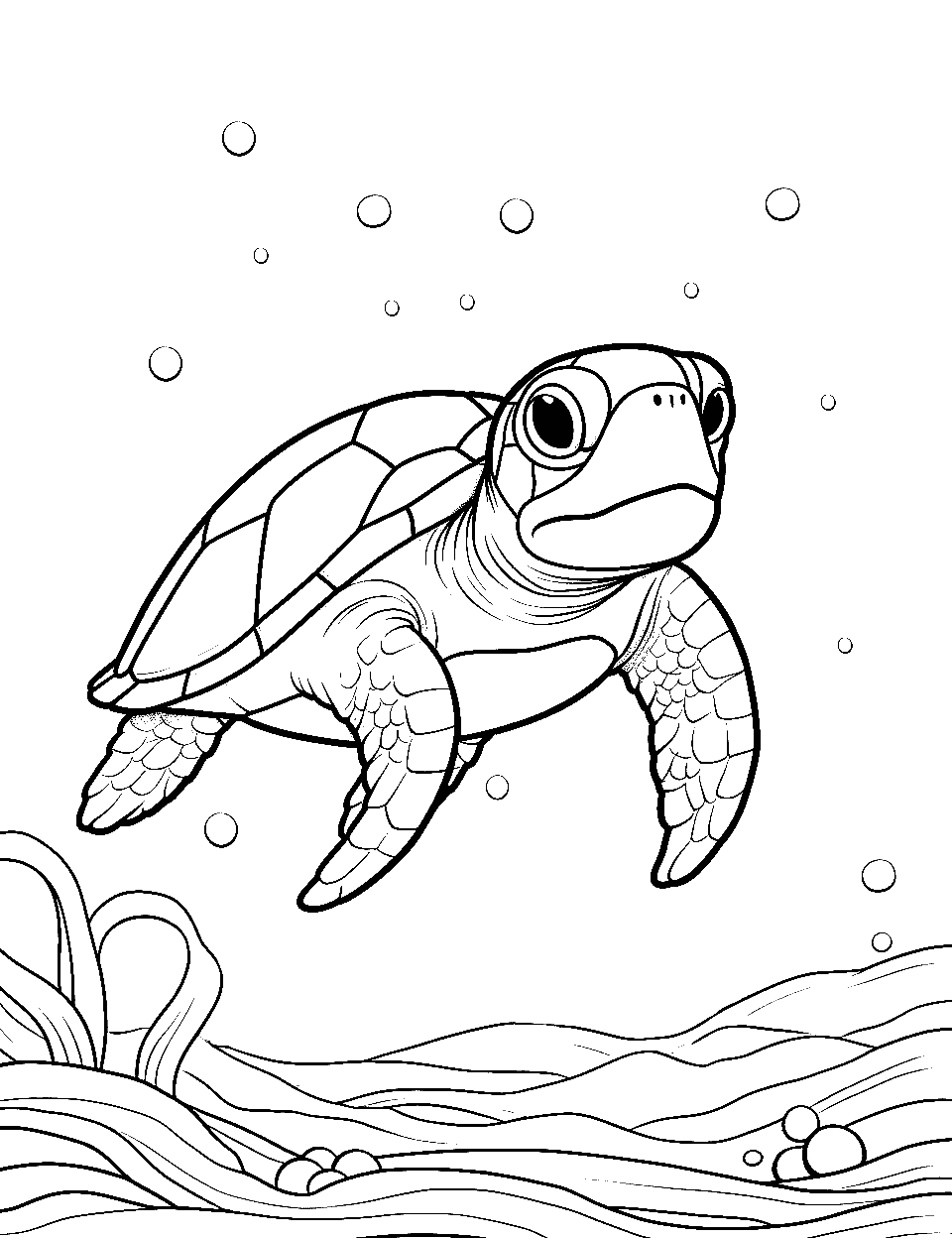 Tucker the Friendly Turtle Coloring Page - Tucker, a friendly-looking turtle swimming through the ocean.