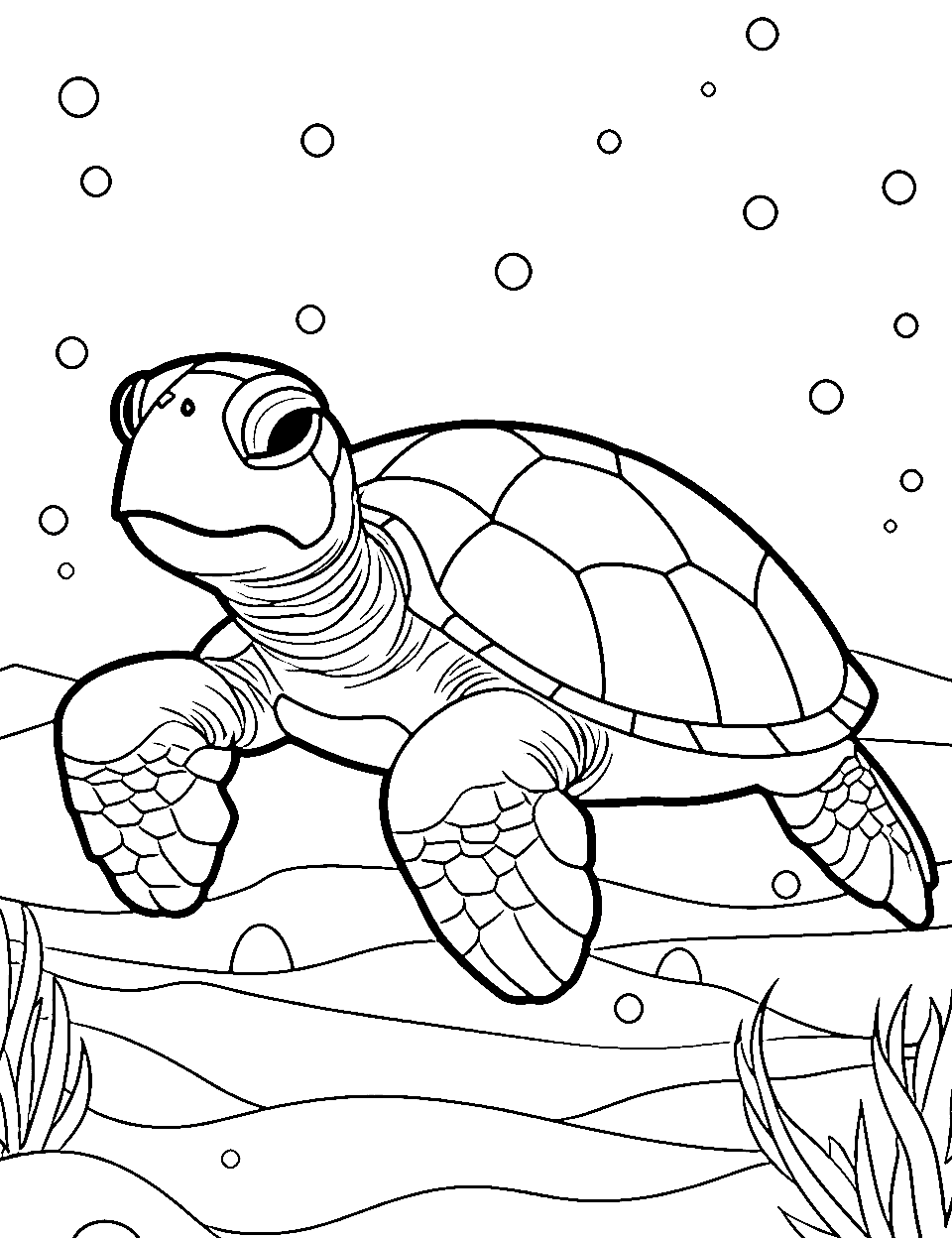 Turtle's Snack Searching Turtle Coloring Page - A turtle on the sea floor looking for seaweed to eat.