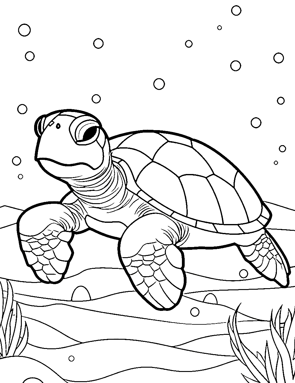 Turtle's Snack Searching Coloring Page - A turtle on the sea floor looking for seaweed to eat.