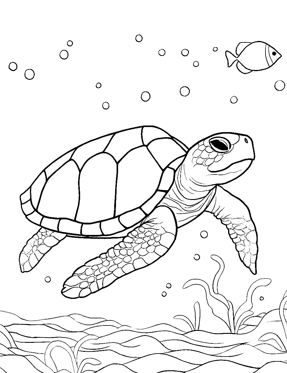 Turtle's Secret Friend Turtle Coloring Page - A turtle swimming with a fish.