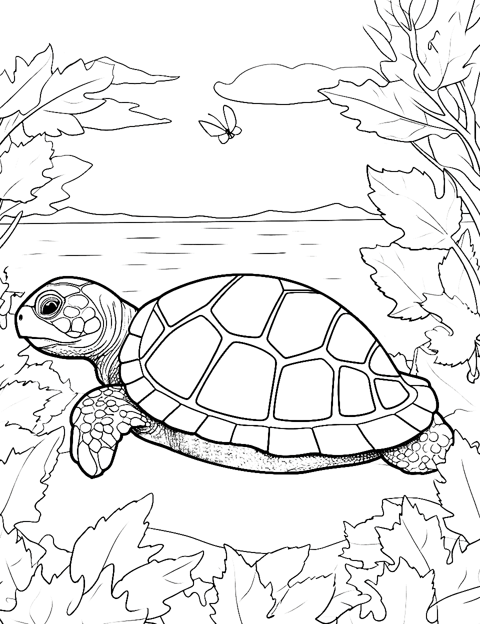 Autumn Turtles Turtle Coloring Page - Turtles enjoying the colorful leaves of fall around them.