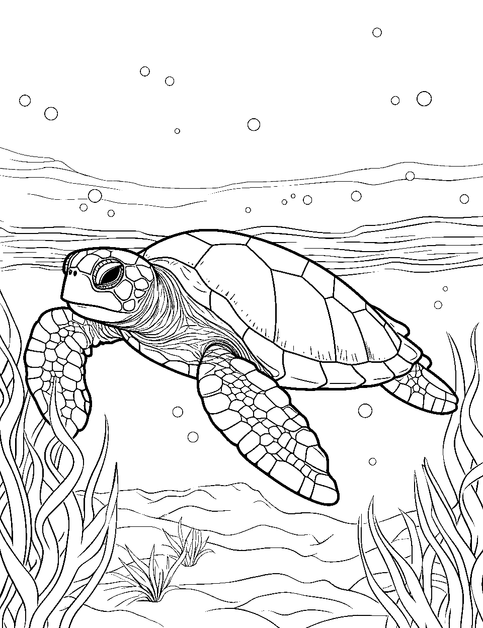 Ocean's Lone Traveler Turtle Coloring Page - A lone turtle traveling through the vast expanse of the ocean.