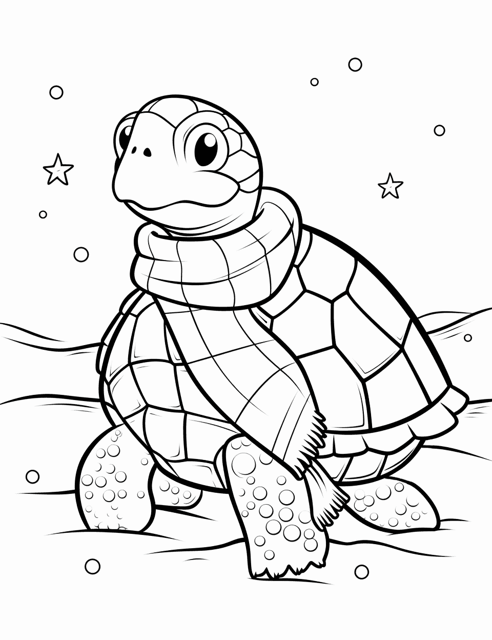 Winter's Warm Turtle Coloring Page - A turtle wrapped in a scarf, braving the winter chill.