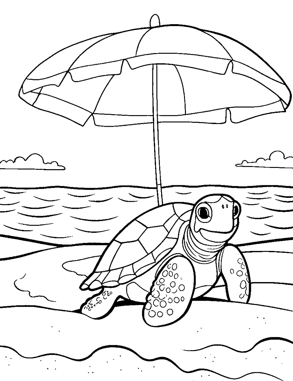 Beach Fun Coloring Page - A turtle enjoying a day on the beach.