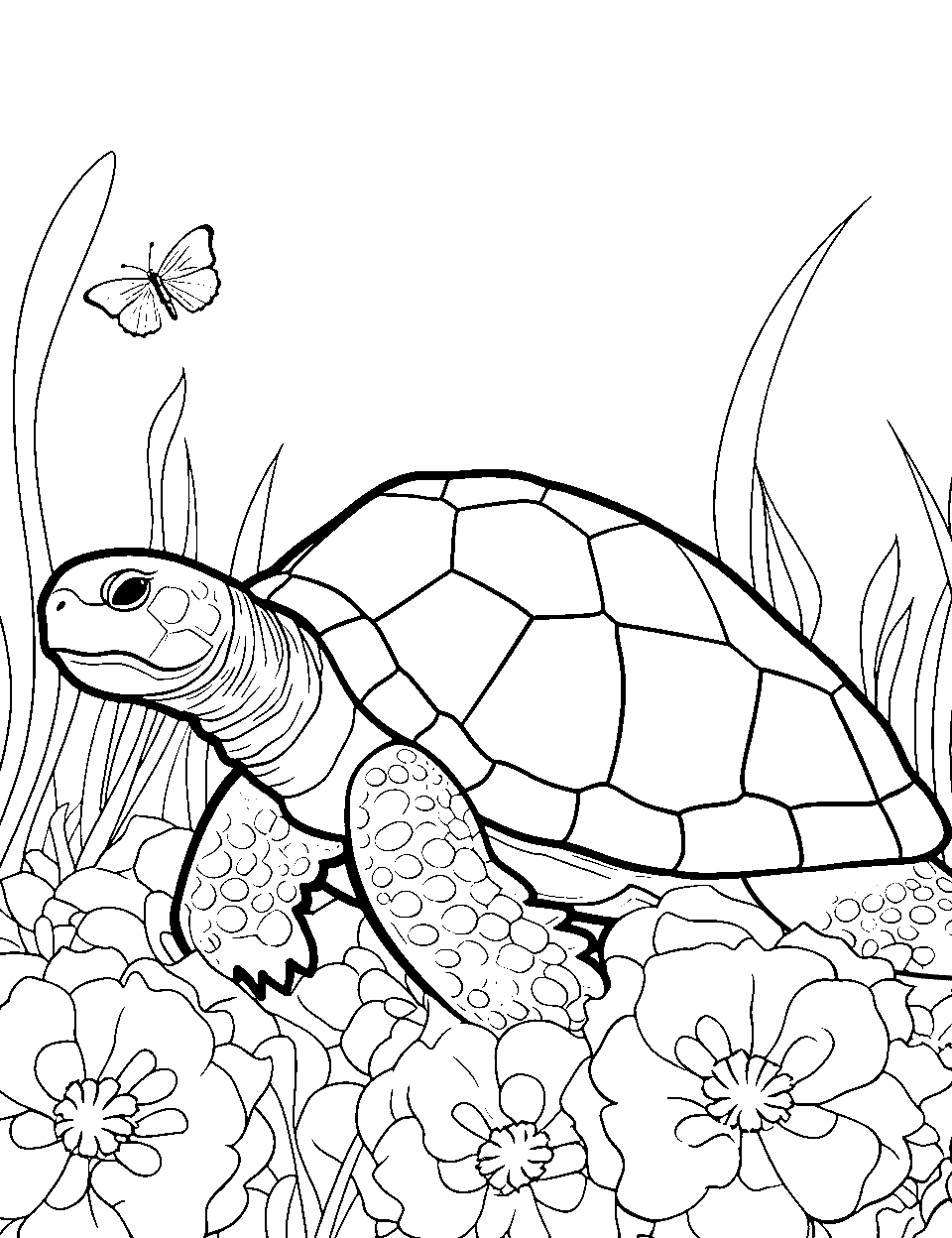 Turtle's Garden Visit Coloring Page - A turtle visiting a garden full of blooming flowers.