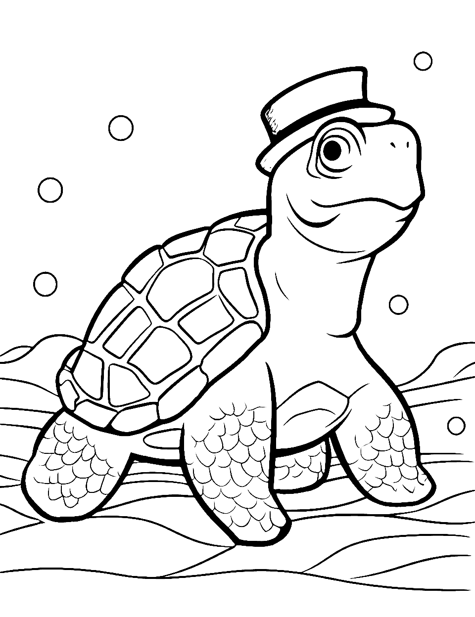 Fashionable Turtle Coloring Page - A turtle wearing a stylish hat, ready to make a statement.