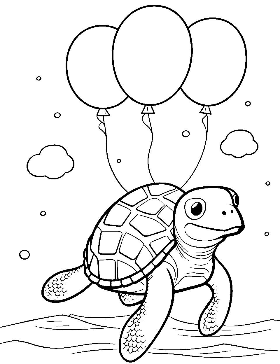 Balloon-Tied Turtle Coloring Page - A turtle floating slightly above the ground, tied to a bunch of balloons.