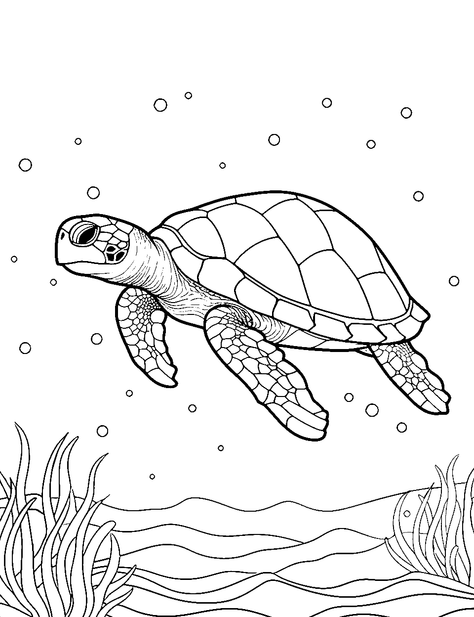 Ocean's Gentle Giant Turtle Coloring Page - A loggerhead turtle swimming close to the ocean floor.