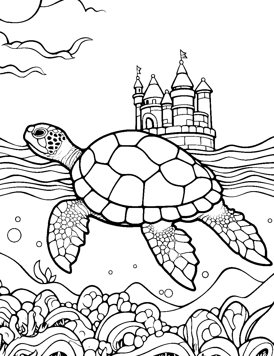 Turtle and Castle Coloring Page - A turtle poking out of the water and looking at a castle at a distance.