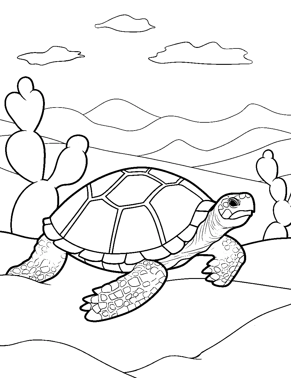 Desert Roaming Tortoise Turtle Coloring Page - A tortoise with cacti in the background, navigating the desert.
