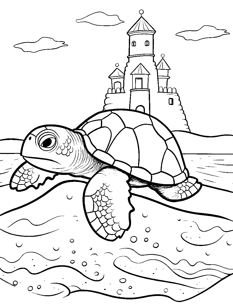 Seaside Sand Castle Turtle Coloring Page - A turtle with its sandcastle by the distance.