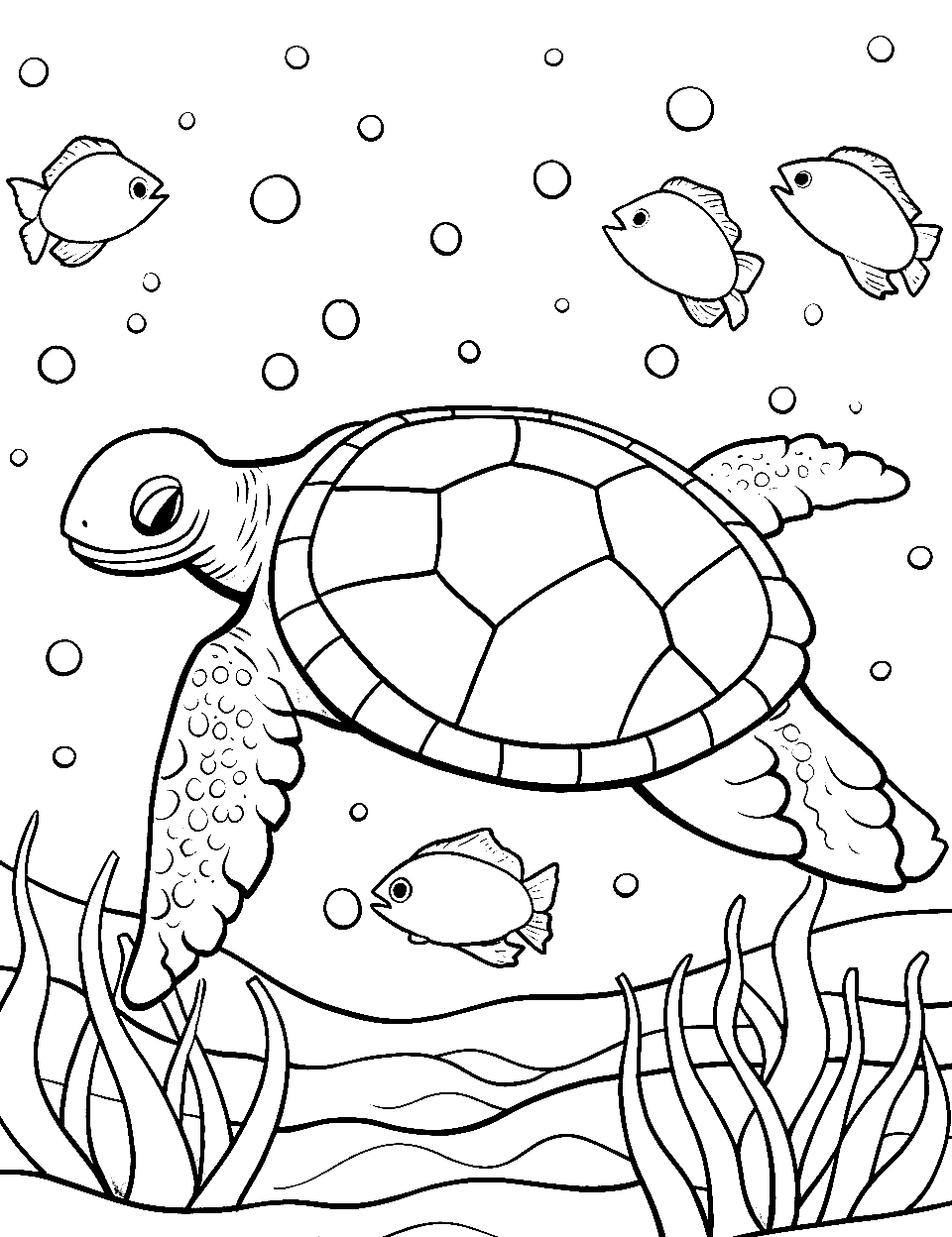 Turtle's Ocean Friends Turtle Coloring Page - A turtle surrounded by fishes.