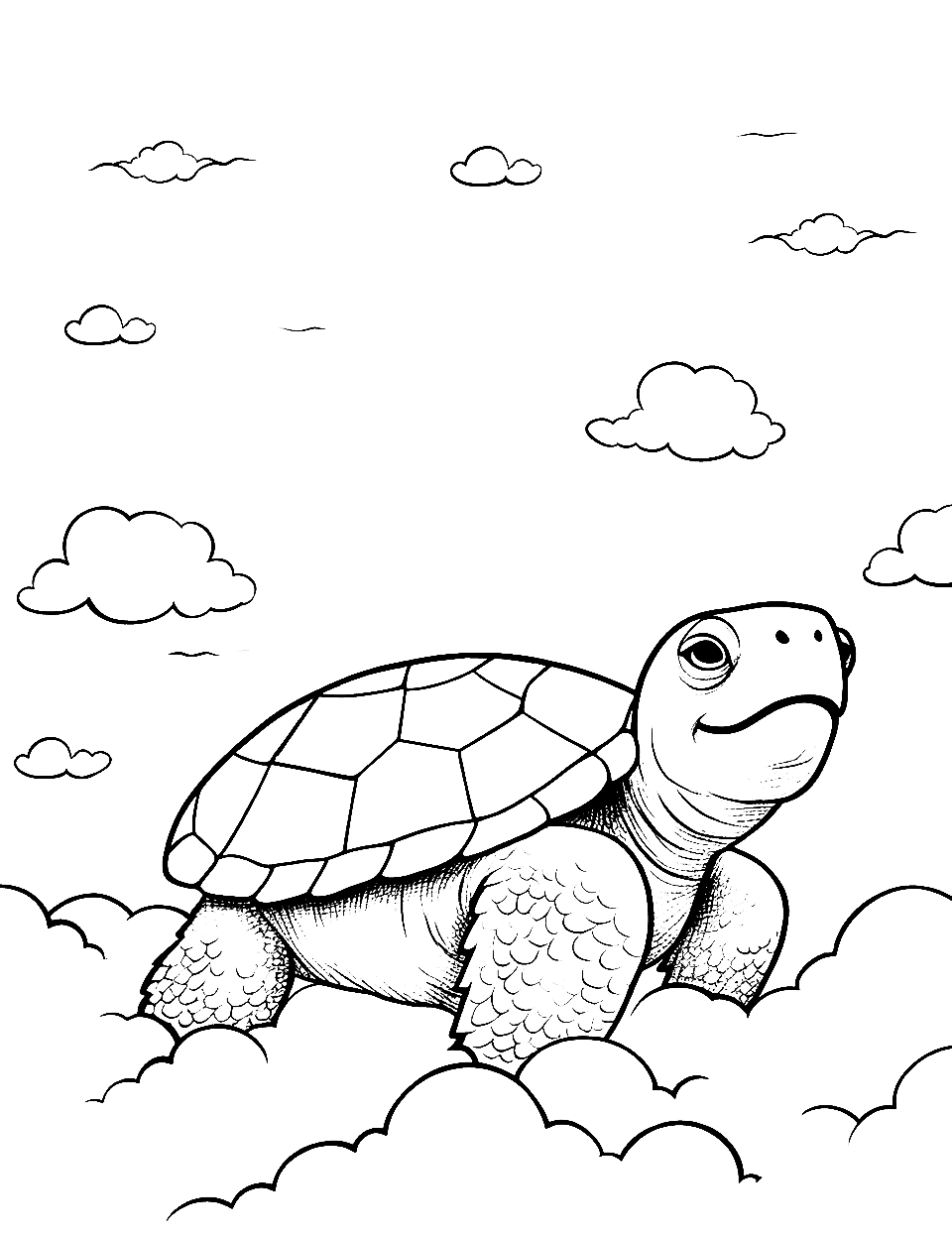 Cloud Gazing Turtle Coloring Page - A turtle gazing up at the fluffy clouds.