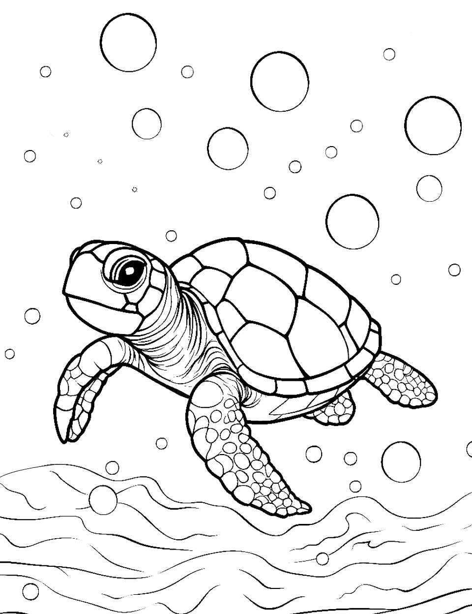 Turtle's Bubble Play Coloring Page - A turtle surrounded by floating bubbles.